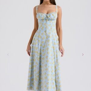 House of CB Carmen Bustier Sundress Blue and Yellow Floral Midi Dress